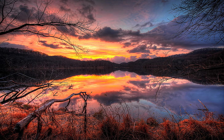 Lake, sunset, evening, forest, trees, water reflection, sky, clouds