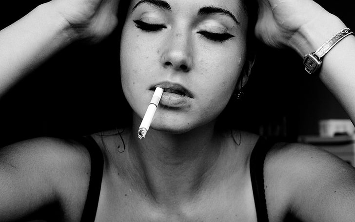 women, smoking, monochrome, black bras, cigarettes, one person