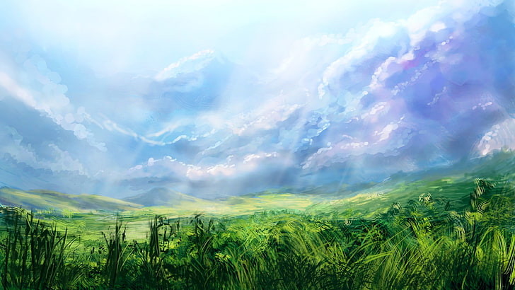 green grass field, grass field under cloudy sky, artwork, nature