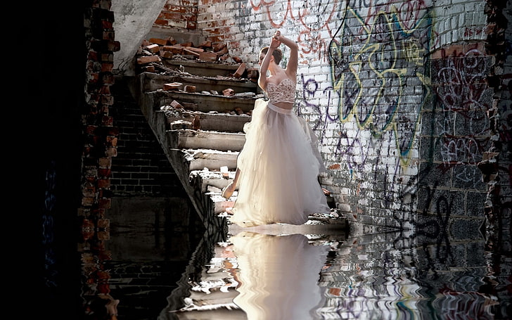 women, model, stairs, reflection, ballerina, ruin, wedding, HD wallpaper