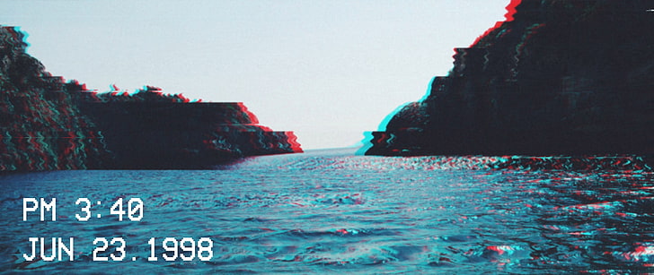 island, glitch art, 1998 (Year), water, sea, sky, nature, text