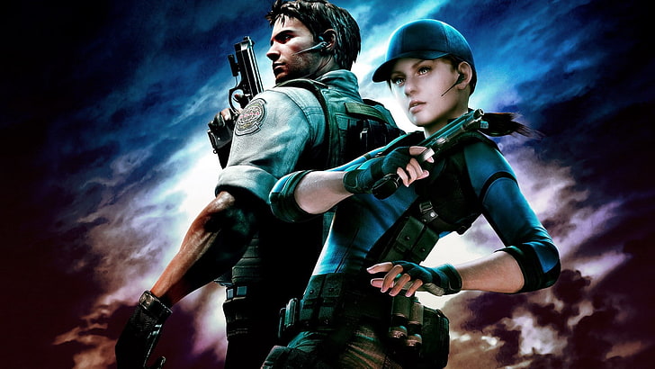 Resident Evil digital wallpaper, characters, girl, gun, sky, weapon