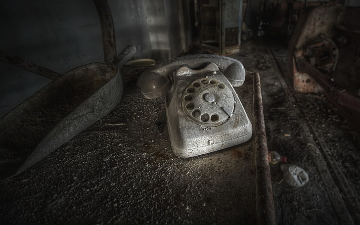 black and gray electronic device, ruin, telephone, old, obsolete