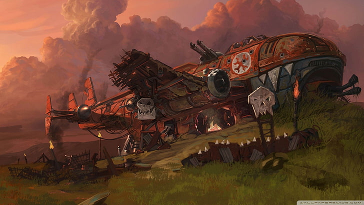 painting of wrecked airplane, Warhammer 40,000, orcs, artwork