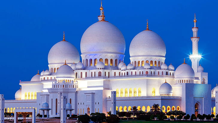 sheikh zayed mosque, dusk, night, evening, grand mosque, sheikh zayed grand mosque, HD wallpaper