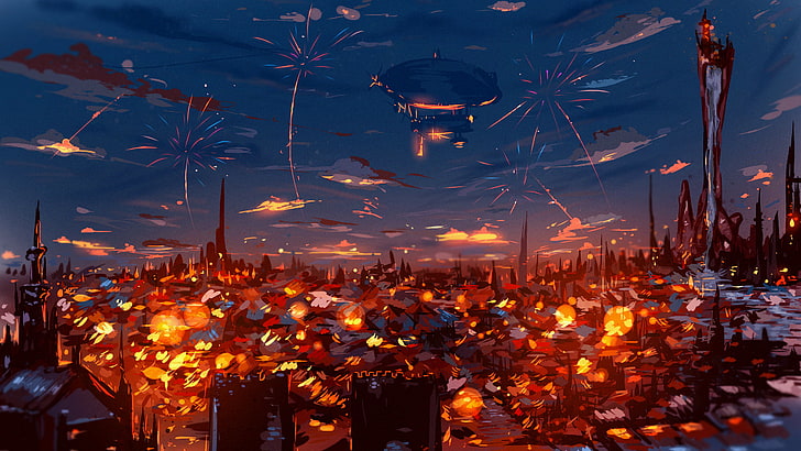 fireworks display wallpaper, buildings under airship illustration