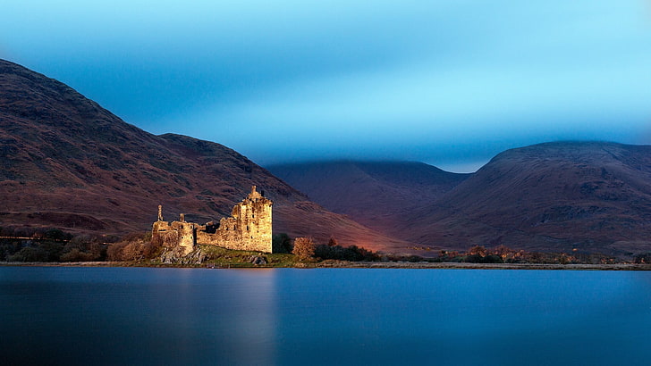 landscape, ruins, Scotland, Kilchurn Castle, water, mountain, HD wallpaper