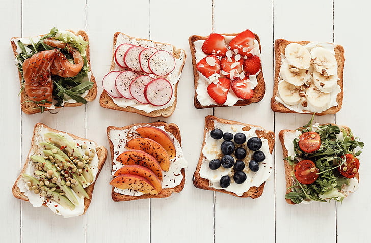 food, bread, still life, fruit, strawberries, tomatoes, bacon, HD wallpaper