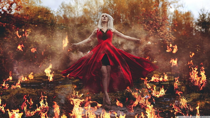 woman in red and black dress surrounded by fire digital wallpaper, HD wallpaper