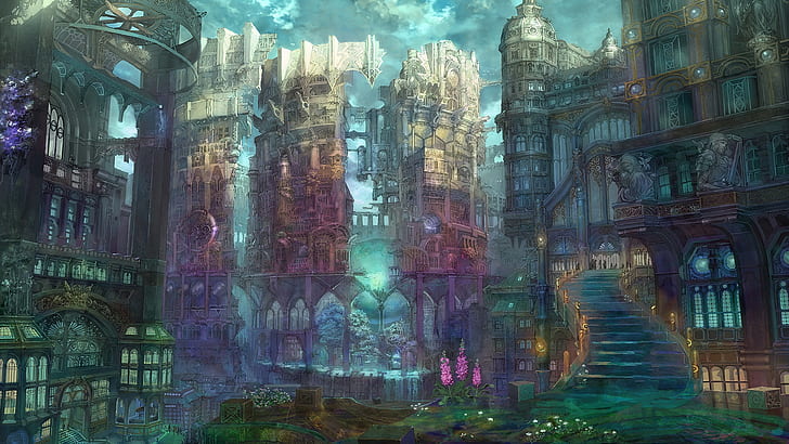 Hd Wallpaper Anime Staircase Fantasy City Fantasy Art Cityscape Wallpaper Flare