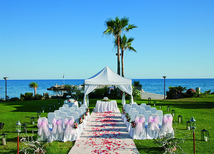 white canopy tent, tables, wedding, decoration, nature, sea, beach, HD wallpaper