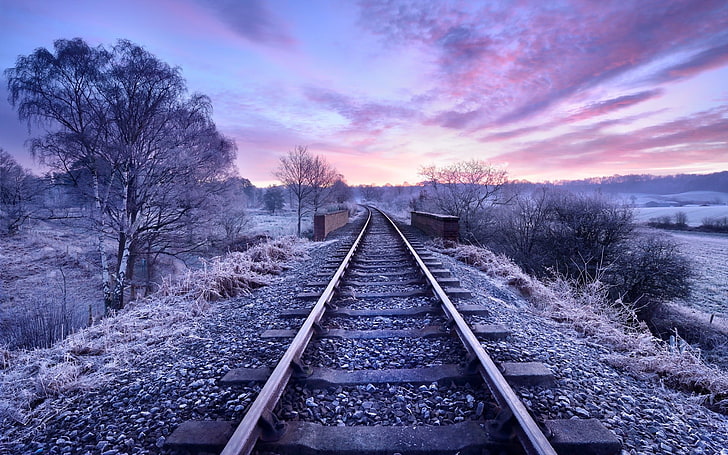 train rails, nature, railway, trees, winter, sunset, clouds, track