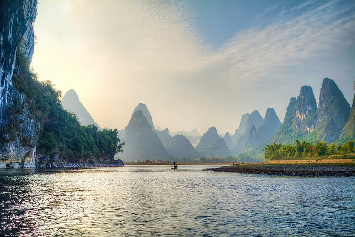 Superb Chinese River Hdr, boat, mountains, mist, cliffs, nature and landscapes HD wallpaper