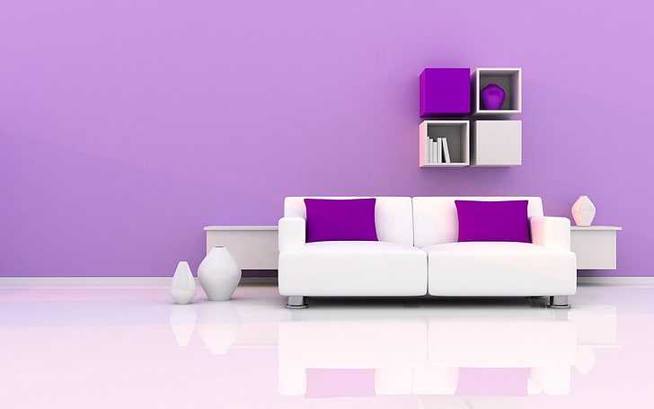 white 2-seat sofa, shelves, cushions, vases, furniture, domestic Room