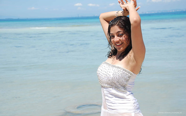 Actress Kajal Aggarwal, sea, beach, standing, leisure activity