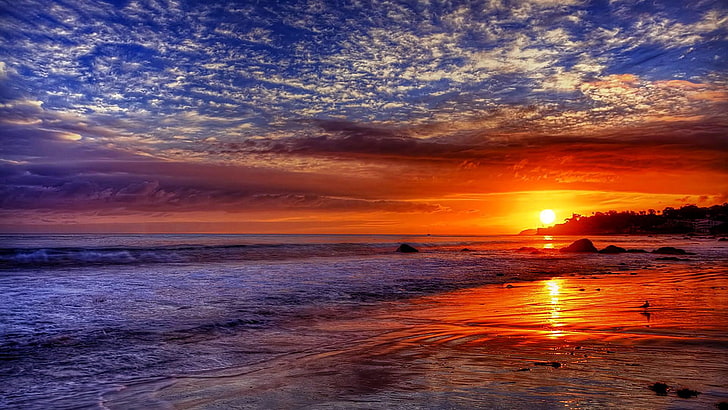 sunset, red, california, united states, sky, sandy beach, malibu, HD wallpaper