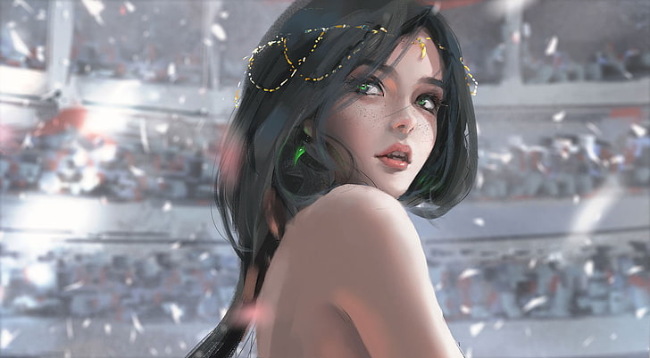 black haired female digital artwork by WLOP, Ghostblade, green  eyes