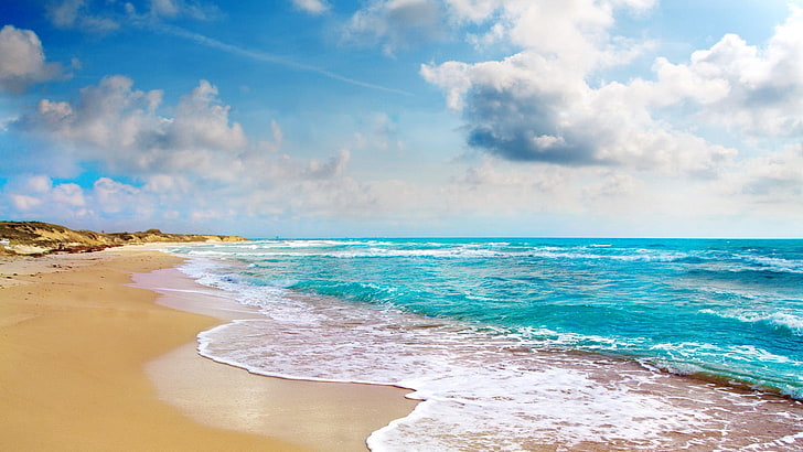 brown sand, beach, sky, sea, clouds, water, land, cloud - sky, HD wallpaper
