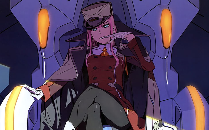 pink-haired female anime character wearing coat sitting on purple chair illustration