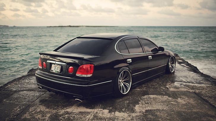 black sedan, Sea, Machine, Tuning, Desktop, Toyota, Car, Beautiful, HD wallpaper