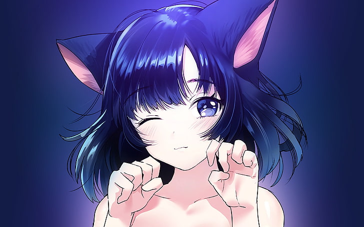 anime girl, cat ears, neko, wink, blue hair, young adult, hairstyle, HD wallpaper