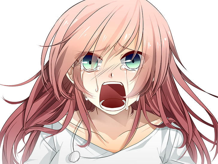 pink hair girl illustration, crying, sad, screaming, anime, white background, HD wallpaper