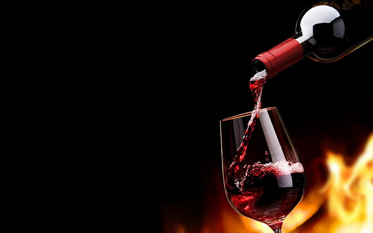 clear wine glass, drink, alcohol, fire, bottle, copy space, red, HD wallpaper
