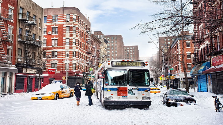 snow, cityscape, winter, New York City, mode of transportation