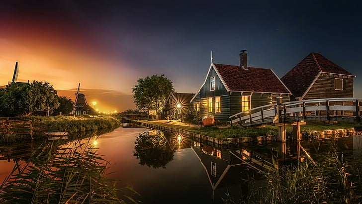 europe, dusk, village, canal, cottage, windmill, zaanse schans, HD wallpaper