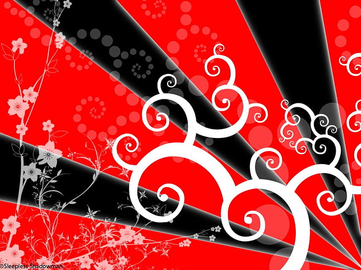 abstract painting, red, black, flowers, digital art, no people