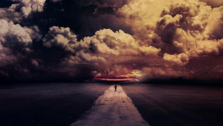 person walking on dirt road digital wallpaper, dark, clouds, digital art, HD wallpaper