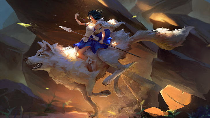 female game character riding wolf illustration, anime girls, Princess Mononoke