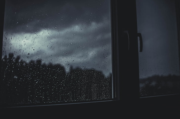 clear glass window, drops, rain, blur, weather, storm, night, HD wallpaper