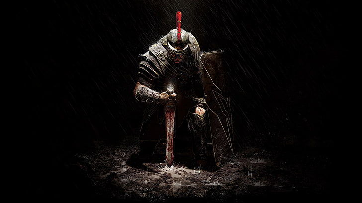knight kneeling while holding sword digital wallpaper, rain, armor