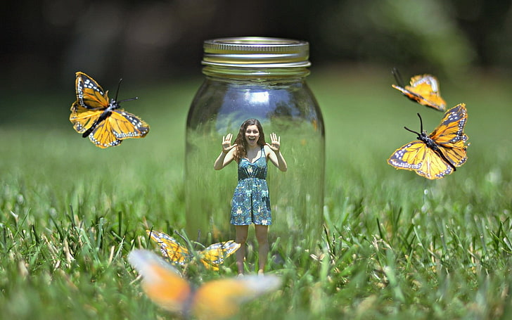 clear glass mason jar, girl, bank, butterflies, grass, insect