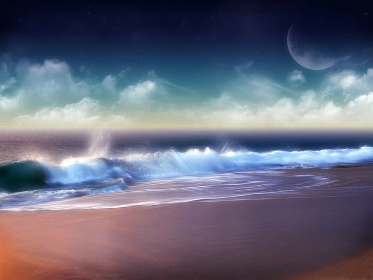 white and blue inflatable pool, fantasy art, sea, planet, beach