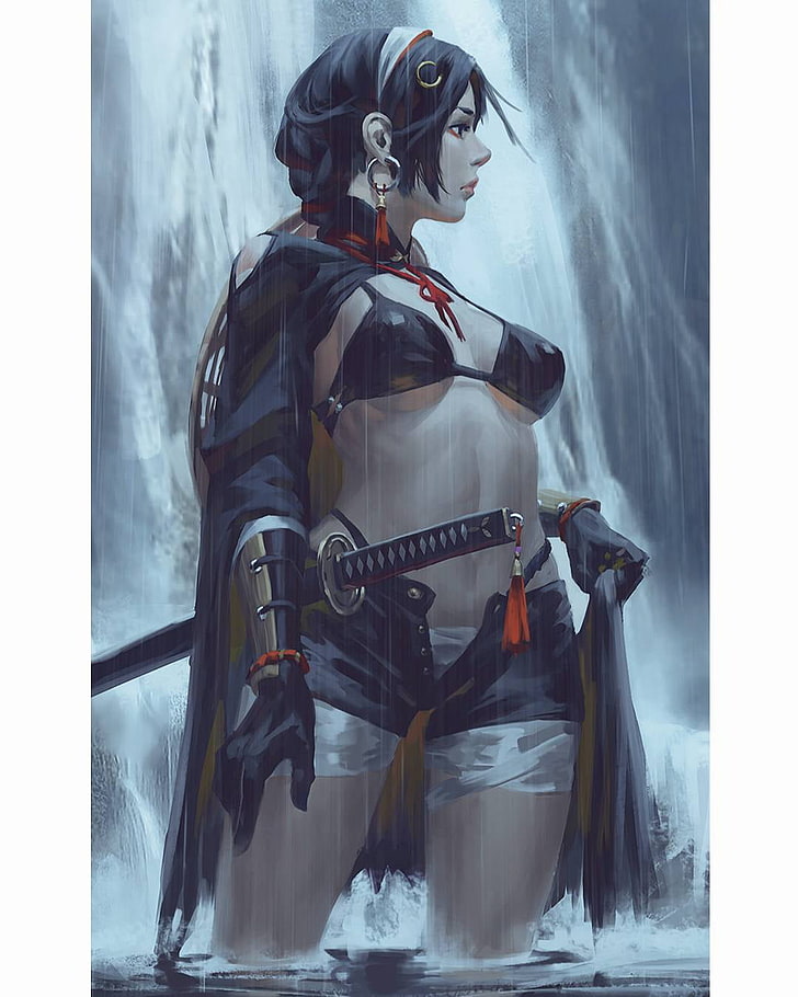 black haired female warrior character illustration, GUWEIZ, samurai, HD wallpaper