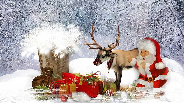 Santa His Reindeer, st nick, chimney, gifts, christmas, santa claus, HD wallpaper