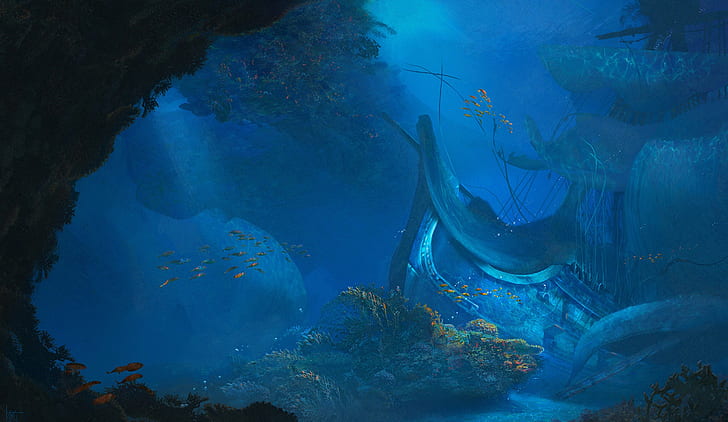 ship, shipwreck, sea, underwater, fantasy art, artwork