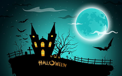HD wallpaper: Halloween haunted house illustration, trees, castle ...