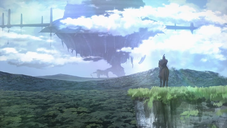 man riding on horse near floating island digital wallpaper, Sword Art Online