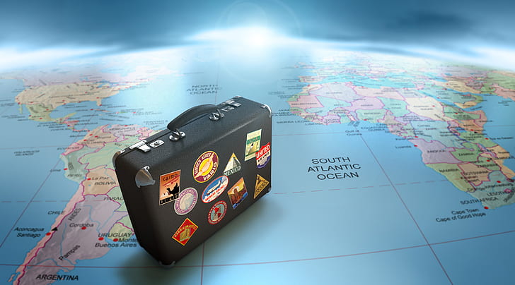 planet, Earth, globes, luggage, suitcase, stickers, continents, HD wallpaper