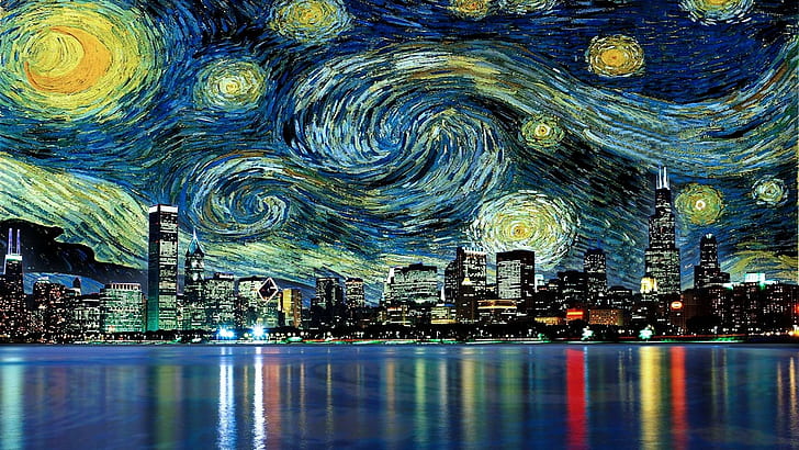 cityscape skyscraper reflection painting vincent van gogh movies water chicago the starry night, HD wallpaper