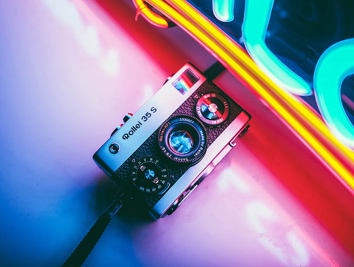 camera, neon, Rollei35, colorful, reflection