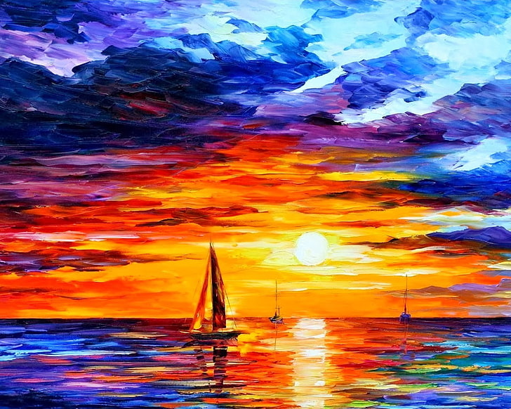 boat, Colorful, Leonid Afremov, painting, sea, sunset