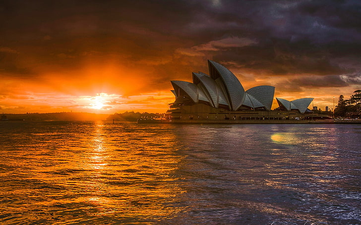 Sydney Opera House, sunset, overcast, urban, color correction, HD wallpaper