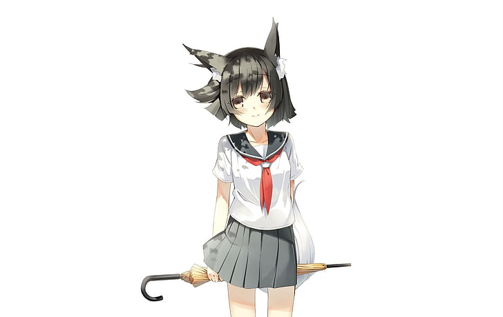 original characters, umbrella, sailor uniform, nekomimi, black hair, HD wallpaper