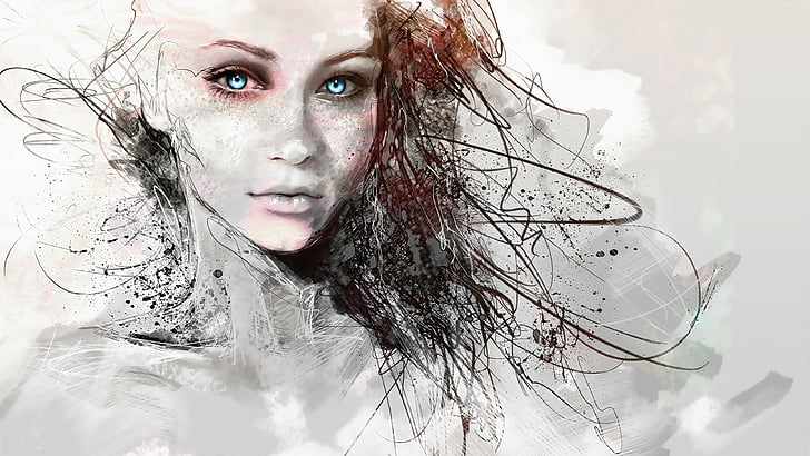 blue eyes, girl, graphics, face, beauty, drawing, eyebrow, artwork