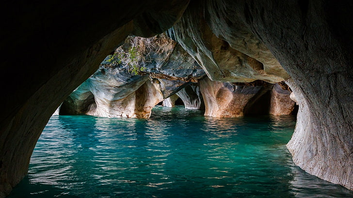 marble, lake, water, erosion, cathedral, cave, Chile, rock