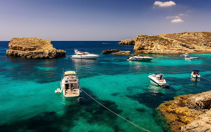 Malta, yachts, Ocean, rocks, summer